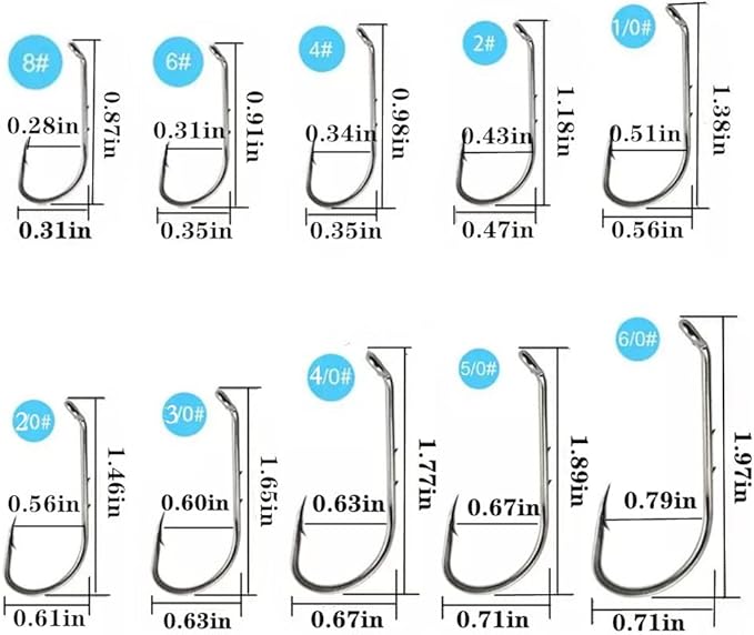 Baitholder Fishing Hooks 100pcs/ Pack Barbed Shank Down Eye Fishing Offset Hooks(8#-6/0)