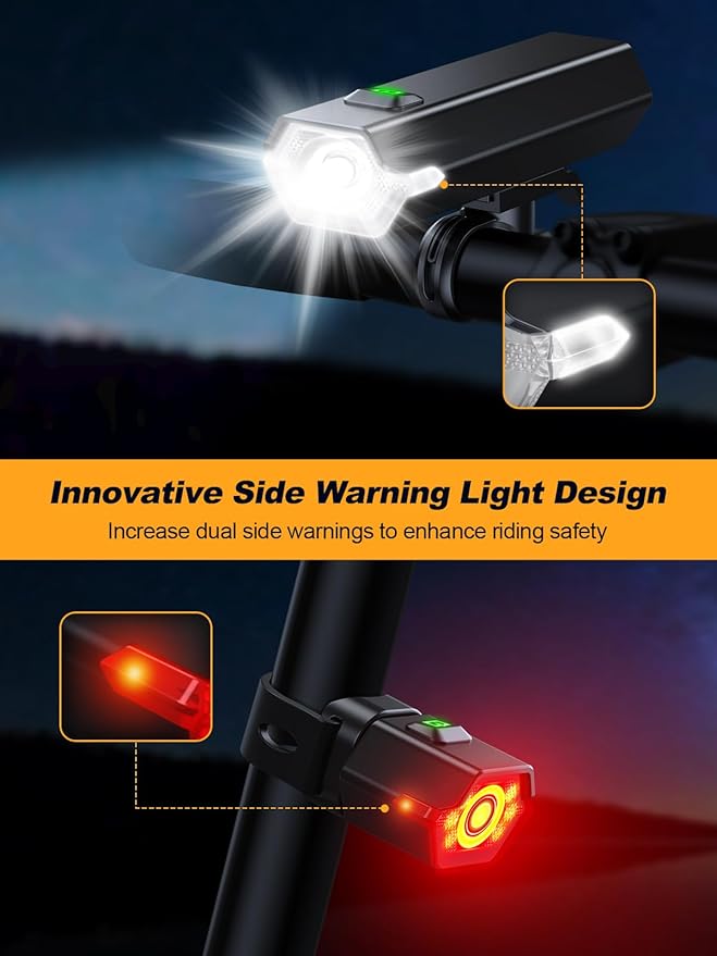 1000 Lumen Super Bright Bike Lights, 4+6 Modes Rechargeable Bicycle Lights Front & Rear with Side Lights, IP65 Waterproof Bike Headlight for Day/Night Riding Safety, Scooter Accessories