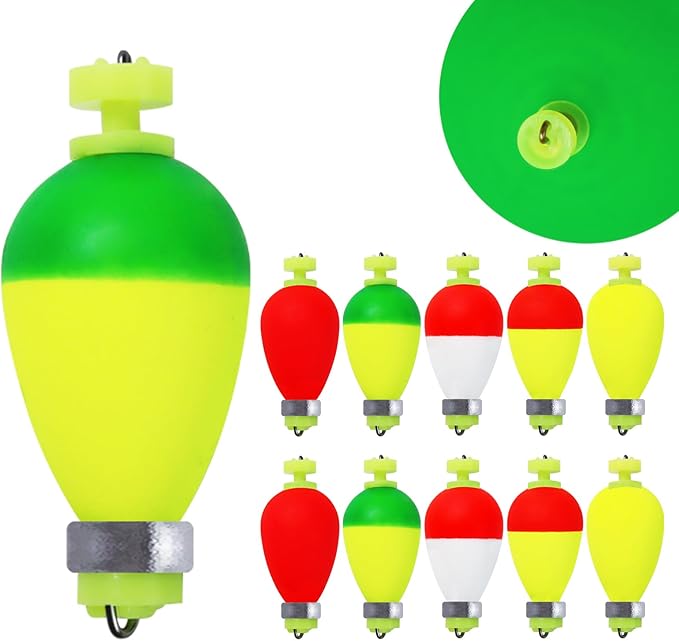 Weighted Fishing Bobbers 10-Pack - Slip Bobbers for Catfish with Spring Clip | 5 Sizes & Styles | High-Visibility EVA Floats with Bottom Weight for Stability