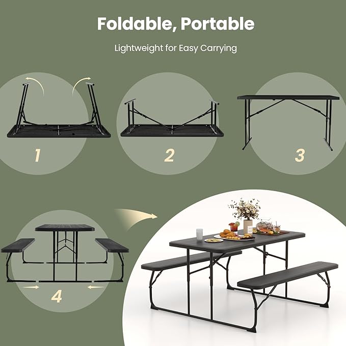 Tangkula Folding Picnic Table with 2 Benches, Outdoor Metal Camping Table Set with Plastic Wood-Like Texture Tabletop & Steel Frame, Foldable Camping Table for Picnic, Party, BBQ (Black)