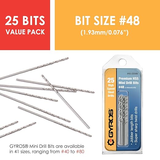 GYROS 25 PCS #48 Micro Drill Bit Set – Small Drill Bits for Jewelry, Plastic, Resin, & Soft Metal – High-Speed Steel Wire Gauge Mini Twist Drill Bit Set for Pin Vise Hand Drill & Rotary Tool