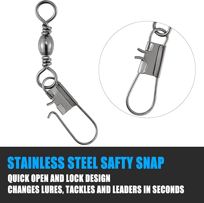 Dr.Fish 50 Pack Fishing Snap Swivels, Barrel Swivels Fishing Tackles, Stainless Steel Safty Interlock Snaps Leader Line Lure Connector Fresh&Saltwater 26-132Lb