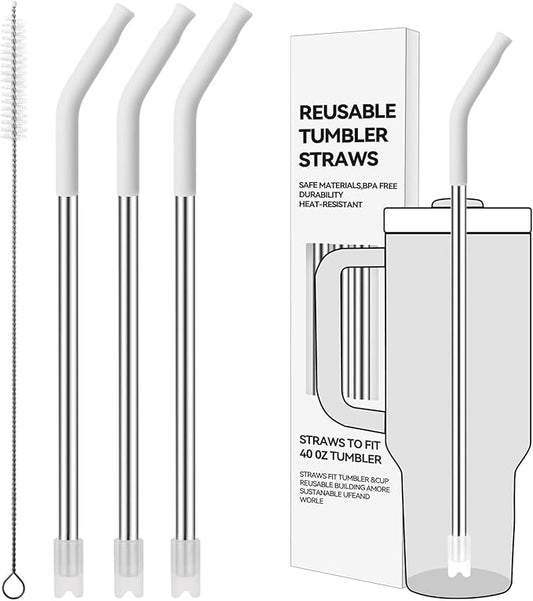 Reusable Metal Straws with Silicone Tip for Stanley 40oz,Stainless Steel Drinking Straws for 40oz Tumbler,3 Straight Tubes & 6 Tips& 1 Cleanr Brush(White)