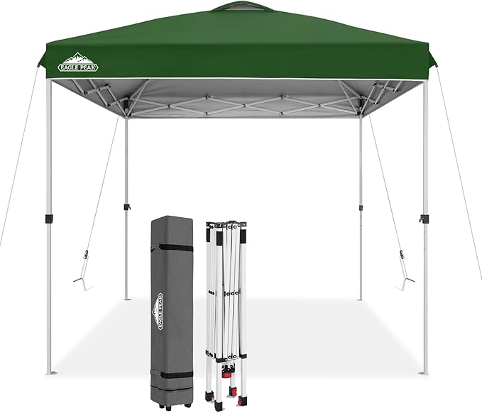 EAGLE PEAK Pop Up Canopy Tent with Wheeled Carry Bag, 8 Stakes, 4 Ropes, Easy Set Up Tent Canopy, 8x8 ft, Green