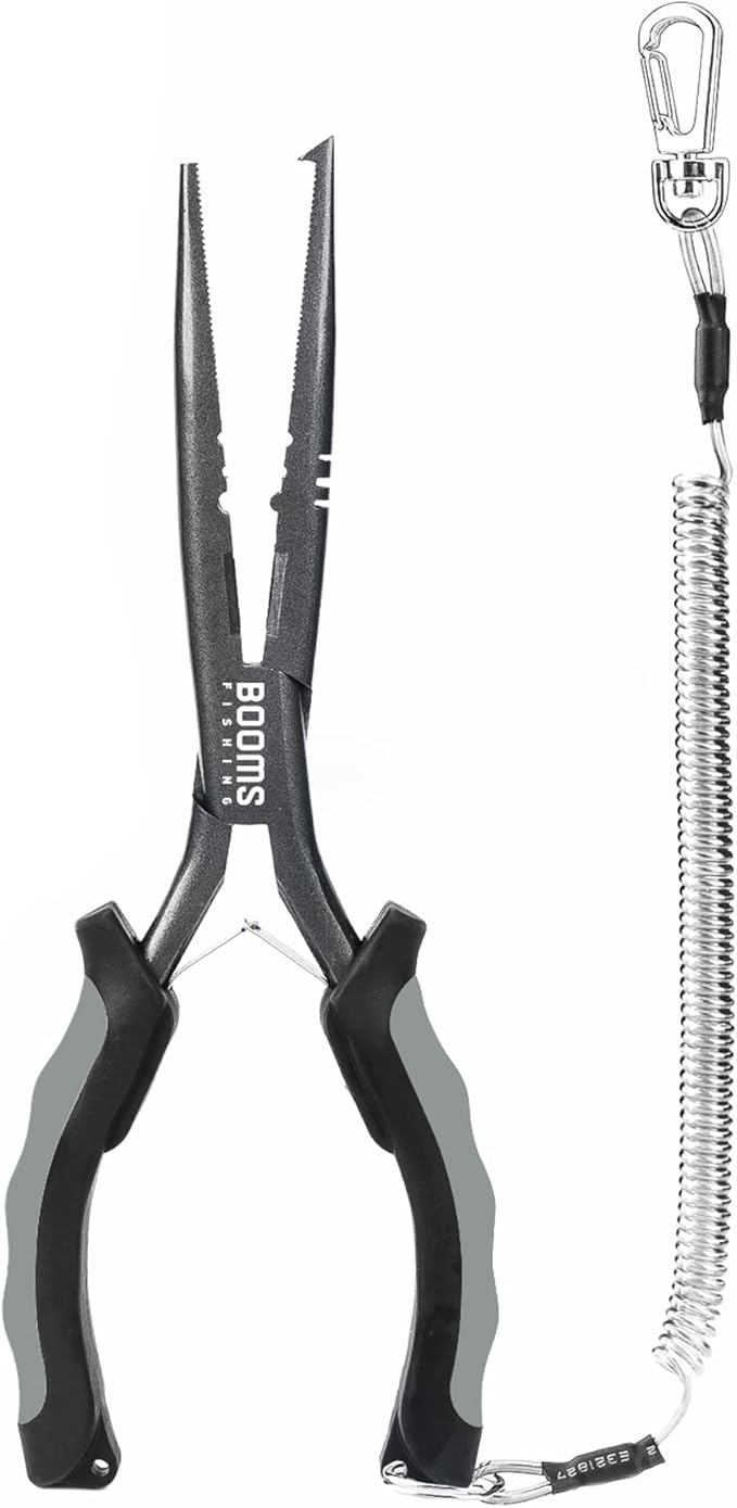 Booms Fishing F03 Needle Nose Fishing Pliers, 9" Fisherman's Pliers, Long Nose Hook Remover, Saltwater Resistant Fishing Gear, Gray