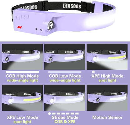 COSOOS LED Headlamp Rechargeable Flashlight, Bright Headlight Adjustable Headband for Women & Girl,1000 Lumen Wide Beam & Spot Light, Motion Sensor, 2.4 oz Lightweight Hiking Camping Essential