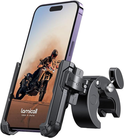 Lamicall Motorcycle Phone Mount Holder - [Camera Friendly] [1s Lock] Bike Phone Holder Handlebar Clamp, Bicycle Scooter Phone Clip, for iPhone Air, 17, 16, 15 Pro Max, Galaxy S25 Ultra, 4.7-7" Phones