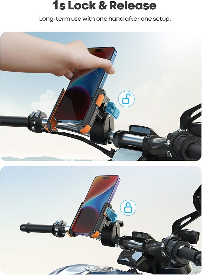 Lamicall Motorcycle Phone Mount Holder - [Camera Friendly] [1s Lock] Bike Phone Holder Handlebar Clamp, Bicycle Scooter Phone Clip, for iPhone Air, 17, 16, 15 Pro Max, Galaxy, 4.7-7" Phones, Orange