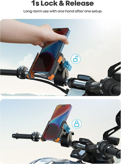 Lamicall Motorcycle Phone Mount Holder - [Camera Friendly] [1s Lock] Bike Phone Holder Handlebar Clamp, Bicycle Scooter Phone Clip, for iPhone Air, 17, 16, 15 Pro Max, Galaxy, 4.7-7" Phones, Orange