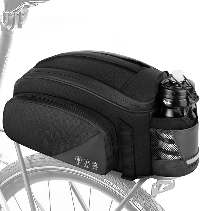WOTOW Rear Rack Bag, 12L Waterproof Reflective Bicycle Trunk Bag, Cycling Rear Seat Carrier Backseat Storage Luggage with Water Bottle Holder, Shoulder Strap for MTB Bike E-Bike