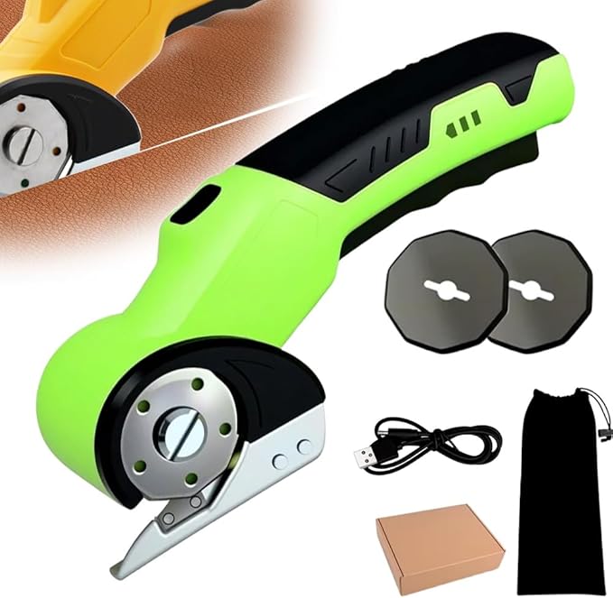 Electric Box Cutter for Cardboard, 2025 New Cordless Electric Scissors, Portable Rotary Cutter for Home and Office, Rechargeable Scissors for Carton Plastic Leather Cloth (Green Double blade)