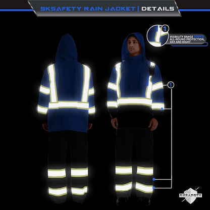 SKSAFETY Hi Vis Reflective Rain suits for Men Waterproof - High Vis Safety Rain Jacket, High Visibility Raincoat for Men