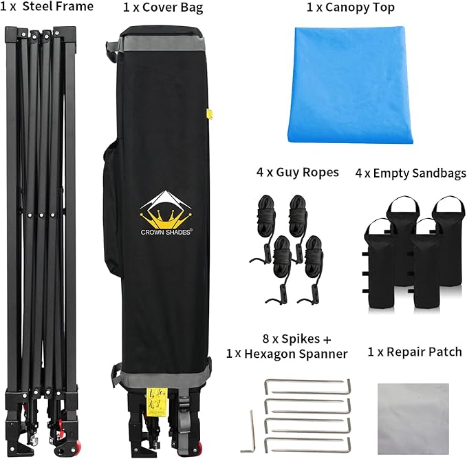 CROWN SHADES 10x10 Pop Up Canopy Tent - Patented Center Lock One Push Instant Outdoor Canopy Beach Tent with STO-N-Go Bag 8 Stakes & 4 Sand Bags，Sky Blue