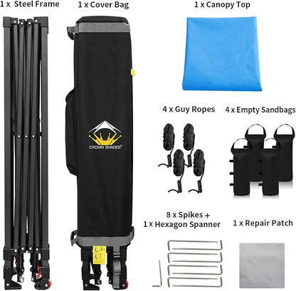 CROWN SHADES 10x10 Pop Up Canopy Tent - Patented Center Lock One Push Instant Outdoor Canopy Beach Tent with STO-N-Go Bag 8 Stakes & 4 Sand Bags，Sky Blue