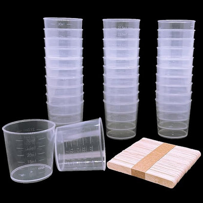 60 Pcs Plastic Graduated Cups, 30ml/1oz Clear Scale Cups with 50 Pcs Wooden Stirring Sticks for Epoxy, Resin, Stain, Mixing Paint