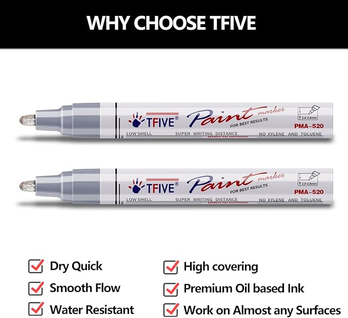 TFIVE Silver Permanent Paint Marker Pens - 2 Count Oil Based Marker Pen, Medium Tip, Waterproof & Quick Dry, for Office, Art, Rock Painting, Ceramic, Glass, Wood, Plastic, Metal, Canvas