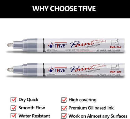 TFIVE Silver Permanent Paint Marker Pens - 2 Count Oil Based Marker Pen, Medium Tip, Waterproof & Quick Dry, for Office, Art, Rock Painting, Ceramic, Glass, Wood, Plastic, Metal, Canvas