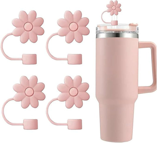 4PCS Silicone Straw Covers Toppers for Stanley Cups 30&40 Oz Tumbler Accessories Flower Straw Caps Pink Dust-Proof Reusable Straws Tips Protectors for Stanley Cup 10mm 0.4in Straws