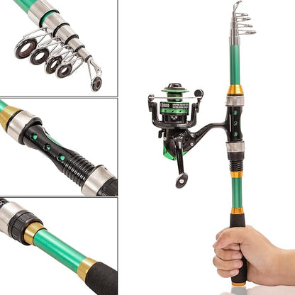 I00000 Fishing Rod and Reel Combos with Fiberglass Telescopic Fishing Pole - Spinning Reel Fishing Carrier Bag, Freshwater and Saltwater Fishing Rod Kit,Travel Fishing Kit for Bass Trout