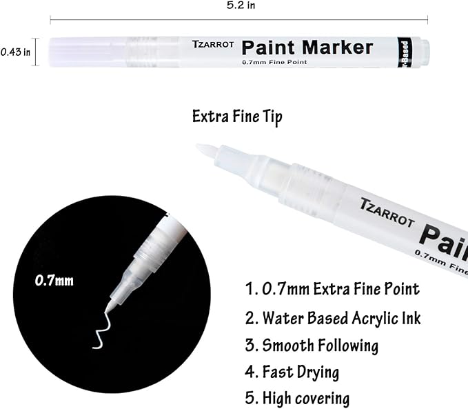 TZARROT White Paint Pen, 8 Pack 0.7mm Acrylic Paint Pens with 2 White 2 Black 2 Gold 2 Silver Permanent Marker for Wood Rock Fabric Metal Plastic Ceramic Acrylic Markers Extra Fine Tip