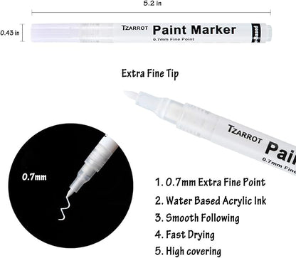 TZARROT White Paint Pen, 8 Pack 0.7mm Acrylic Paint Pens with 2 White 2 Black 2 Gold 2 Silver Permanent Marker for Wood Rock Fabric Metal Plastic Ceramic Acrylic Markers Extra Fine Tip