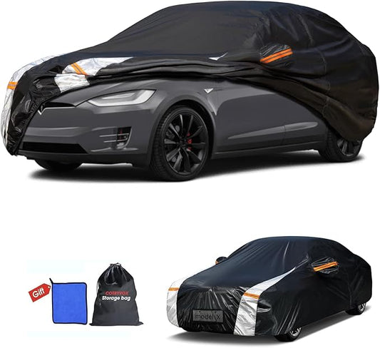 12-Layer Custom Fit Car Cover for Tesla Model X (2015-2026), Upgraded Waterproof All-Weather Full Exterior Cover with Door Zipper, for Snow Rain Dust and Sun UV Protection-Black.