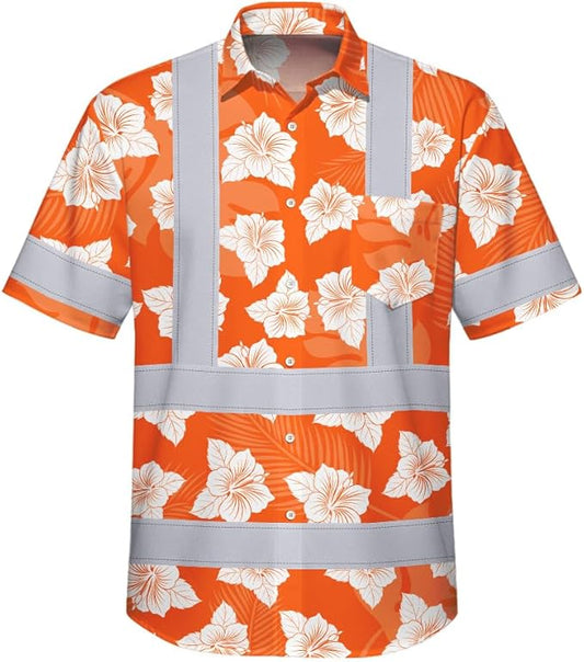 High Visibility Hawaiian Shirt for Men Tropical Shirts Custom Name Floral Outfit Reflective Safety Workwear