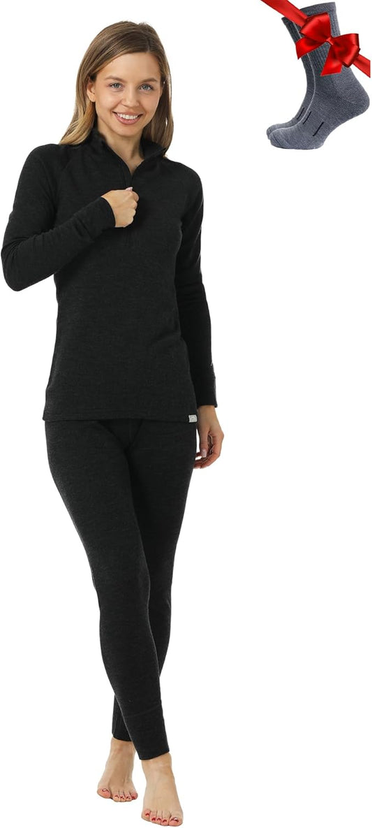 Merino.tech Women’s Merino Wool Base Layer Set - Zip-Up Heavyweight, Midweight Thermal Top & Bottom