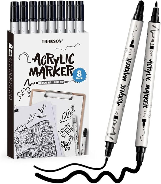 TRANSON 8 Pack Black Bold and Fine Dual-tip Acrylic Paint Marker for DIY Glass Canvas Wood Leather Ceramic Rock Painting