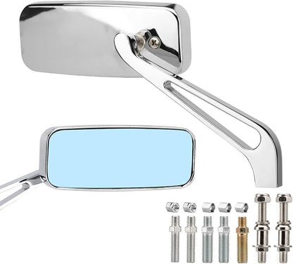 Motorcycle Rectangle Rearview Mirror 8mm 10mm Blue Lens Side Mirrors 360 Degree Chrome Universal Replacement for Harley Softail Touring Sportster Cruiser Street Bike Scooter Chopper