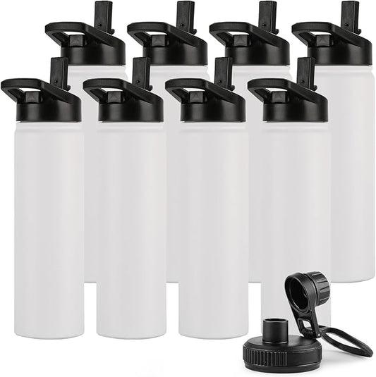 DOMICARE Insulated Water Bottle, 22 oz Vacuum Insulated Stainless Steel Reusable Sports Bottle with Straw Lid & Spout Lid for Travel, Camping, Bike, Leakproof, White, 8 Pack