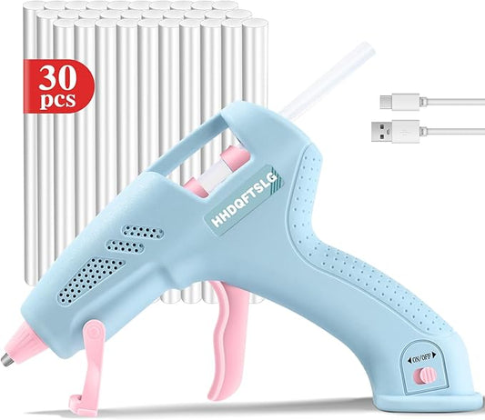 20W Cordless Hot Glue Gun,Glue Gun with 30 Glue Sticks (7×150mm),90s Fast Heating,2600mAh Type-C Rechargeable Mini Glue Gun for DIY Crafts,Home Repairs,Kids' School Projects & Gift Making-Blue
