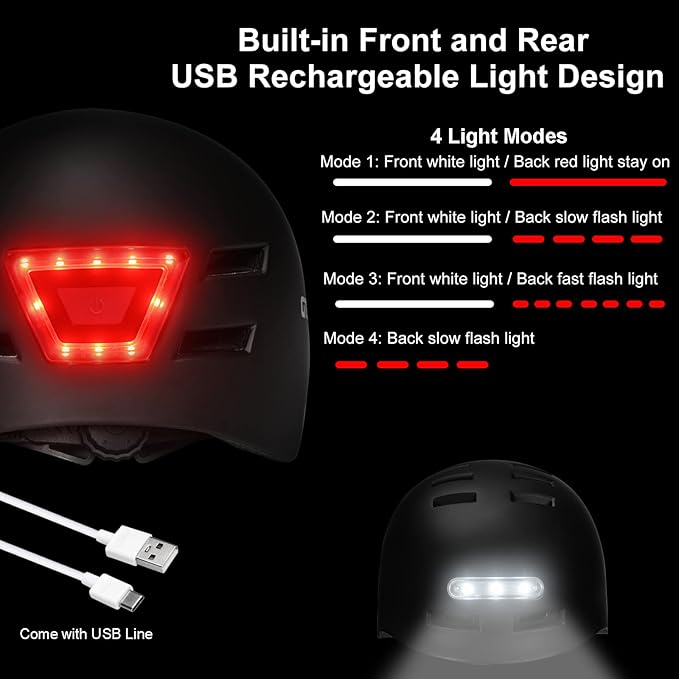 Bike Helmets for Adults - Front and Rear LED Lights Adjustable Bicycle Helmet for Adults Men Women Scooter Helmet for Commuting, Road Biking, Skating, Scooter