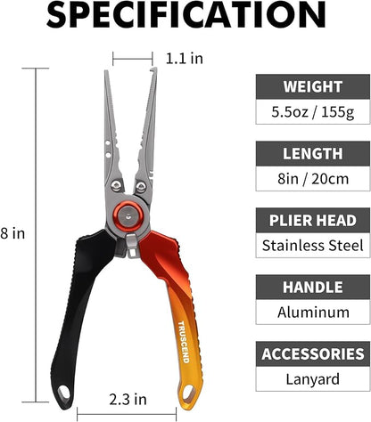 TRUSCEND Lockable Handy Fishing Pliers with Innovative Ergonomic Handle, Saltwater Corrosion Resistant Teflon Coated Fishing Tool, Multi-Function Fishing Gear with Mo-V Cutter