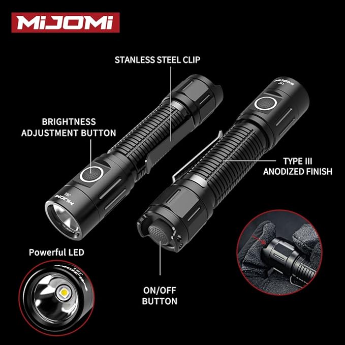 J81 Tactical Rechargeable Flashlight with Holster, 1300 Lumen Super Bright IP68 Waterproof Dual Button Flashlight for Tactical Games Outdoor