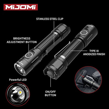 J81 Tactical Rechargeable Flashlight with Holster, 1300 Lumen Super Bright IP68 Waterproof Dual Button Flashlight for Tactical Games Outdoor