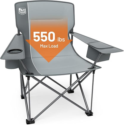 TIMBER RIDGE Oversized Folding Camping Chair for Adults, Support 550 LBS Heavy Duty with Cup Holder Side Pocket for Camping, Lawn, Picnic, Grey