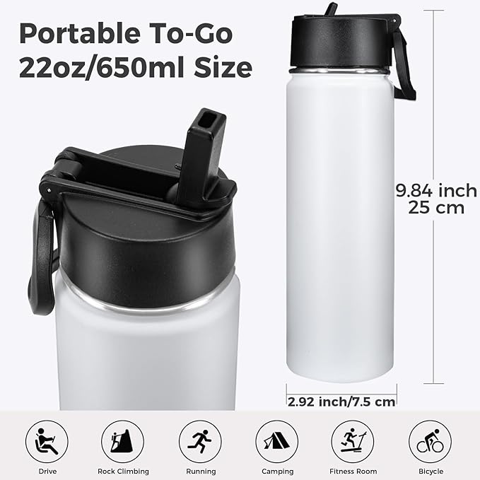 Neihepal 22 oz Insulated Water Bottles Bulk, Stainless Steel Water Bottles Bulk with Leak Proof Straw Lid, Wide Mouth Double Walled Vacuum Keeps Cold and Hot(White,8 Pack)
