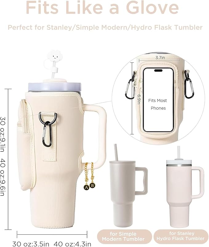 dabria Water Bottle Carrier Bag with Phone Pocket for Stanley 40 oz Tumbler Neoprene Water Bottle Holder Pouch with Adjustable Strap Bollus with Straw Cover & Letter Charm for Stanley Cup Accessories