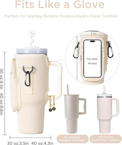 dabria Water Bottle Carrier Bag with Phone Pocket for Stanley 40 oz Tumbler Neoprene Water Bottle Holder Pouch with Adjustable Strap Bollus with Straw Cover & Letter Charm for Stanley Cup Accessories