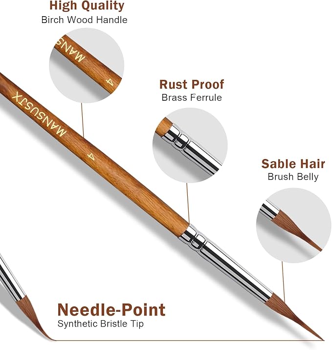 Watercolor Brushes Set,6Pcs Extended Needle Point Brushes Synthetic Extra Long Pinhead Brush with Sable Body Continuous Painting for Watercolor Acrylic Gouache Inks Painting