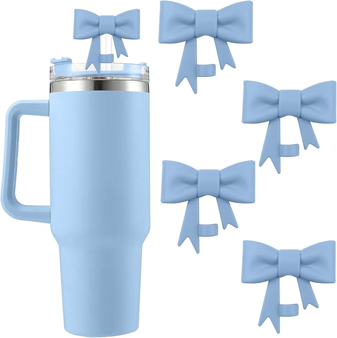 4Pcs Silicone Straw Toppers Covers for Stanley Cups 40/30oz 10mm(0.4in) Dust-Proof Bow Straw Covers Toppers Suitbale for Stanley Cup Accessories Reusable Straws Caps (Mist Blue)