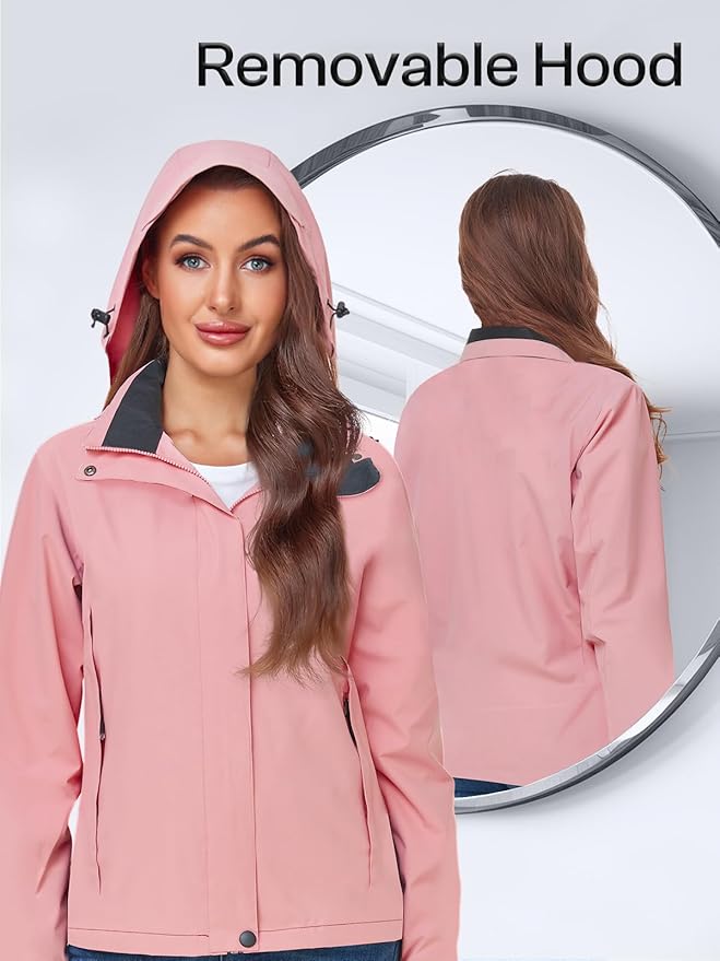 Womens Waterproof Rain jacket Lightweight Active Outdoor Raincoat with Removable Hood
