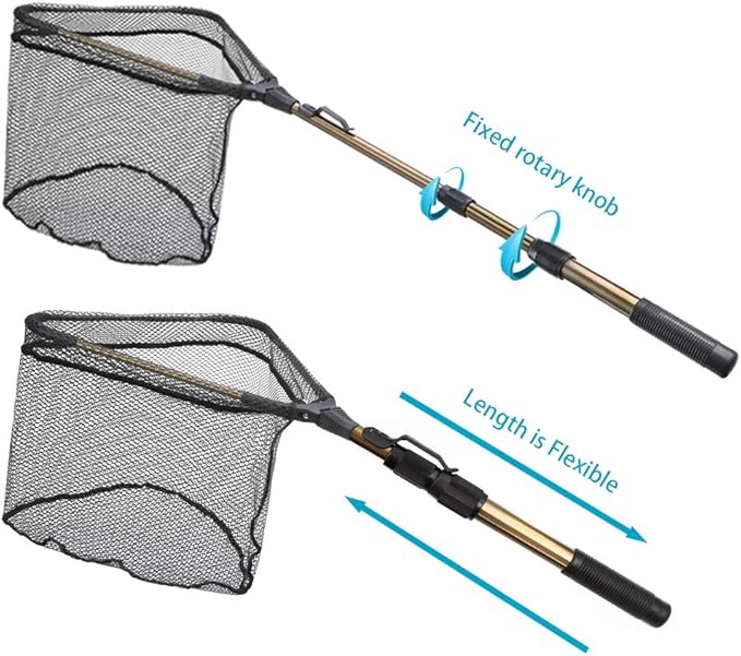 YVLEEN Folding Fishing Net - Foldable Fish Landing Net Robust Aluminum Telescopic Pole Handle and Nylon Mesh 16inch Hoop Size