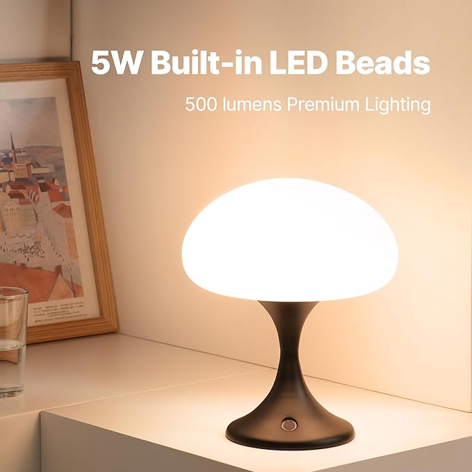 Mushroom Lamp, 5W LED Cordless Rechargeable Table Lamp with Glass Shade, Small Retro Dimmable Touch Light with 3 Color Temps, Aesthetic Mid Century Bedside Light for Bedroom Ambient, Black