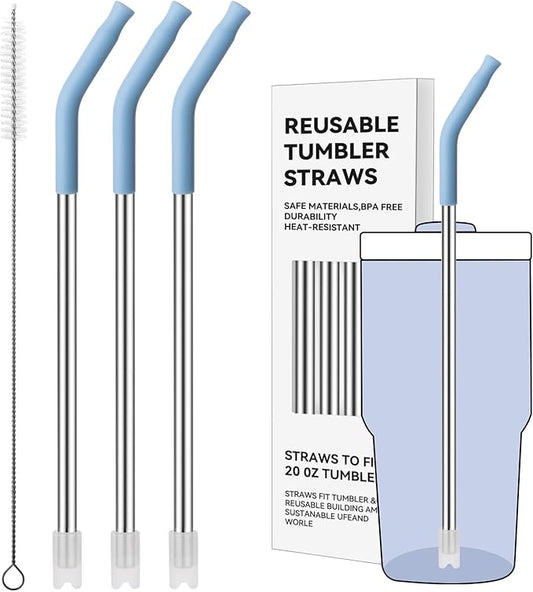 Reusable Metal Straws with Silicone Tip for Stanley 20oz,Stainless Steel Drinking Straws for 20oz Tumbler,3 Straight Tubes & 6 Tips& 1 Cleanr Brush(Chambray)