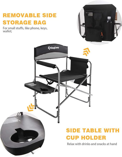 KingCamp Camping Foldable Padded Director Arm Chair with Side Table and Pocket, Grey