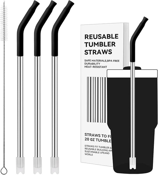 Reusable Metal Straws with Silicone Tip for Stanley 20oz,Stainless Steel Drinking Straws for 20oz Tumbler,3 Straight Tubes & 6 Tips& 1 Cleanr Brush(Black)
