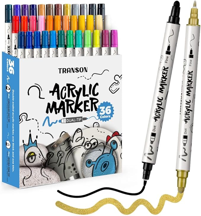 TRANSON 36 Color Bold and Fine Dual-tip Acrylic Paint Pen Set for Canvas Rock Wood Leather Ceramic DIY Painting