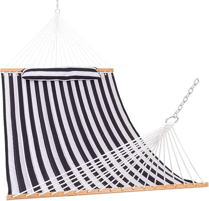Lazy Daze Hammocks 12FT Quilted Fabric Double Hammock with Spreader Bars and Detachable Pillow, 2-Person for Outside Patio Poolside Backyard Beach, 450 lbs Capacity, Black White
